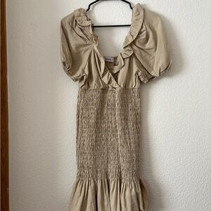 Lilyful linen blend smocked Tan Ruffled Women's Dress